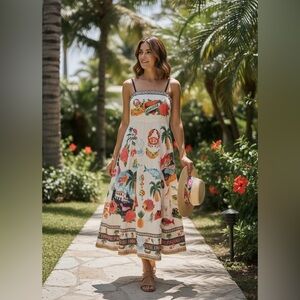 Tropical Print Maxi Sundress with Pink & Green Accents